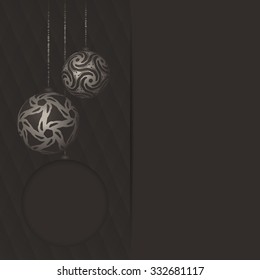 Dark gray greeting card with round text frame and different vintage silver design balls on bright ribbon. Vector Christmas card