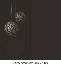 Dark gray greeting card with round text frame and different vintage silver design balls on bright ribbon. Vector Christmas card