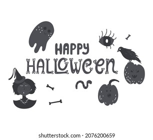 Dark gray Halloween card with cute lettering, witch, pumpkin, raven and ghosts. Doodle hand-drawn holiday vector illustrations isolated on white background.