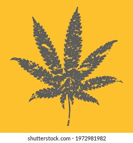 Dark gray hemp leaf with a grunge texture isolated on a yellow background. Vector illustration.