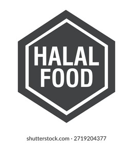 Un logotipo hexagonal gris oscuro con un borde blanco y texto que dice 'HALAL FOOD' en negrita, aislado en un fondo blanco, que simboliza productos alimenticios certificados halal