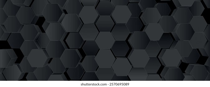 A dark gray, hexagonal 3D background with a textured, geometric style. The background features a repeating dark gray pattern. 3D hexagon pattern background. Black background vector.