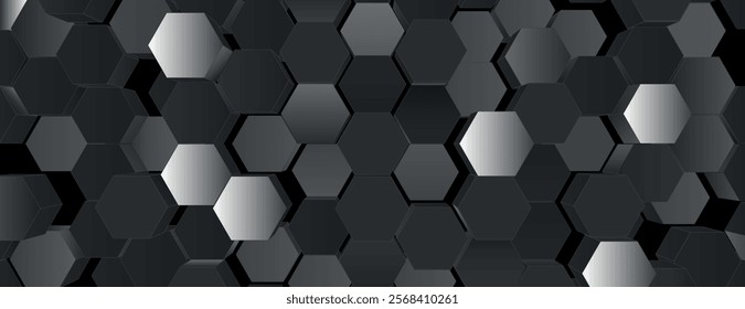 Dark gray hexagonal background with a 3D effect. The background features a sleek, modern style with gray color and textured depth. 3D hexagon pattern background. Black background vector.