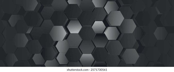 Dark gray hexagonal background with a 3D effect. The background features a sleek, modern style with a textured gray pattern. 3D hexagon pattern background. Black background vector.