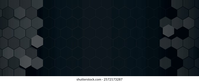 Dark gray hexagonal background with a textured, geometric style. The background features dark gray shades and a modern, sleek design. 3D hexagon border background. Black background vector.