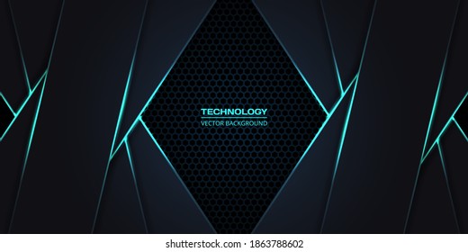 Fondo de fibra de carbono hexagonal gris oscuro con líneas luminosas turquesas y resaltados.
