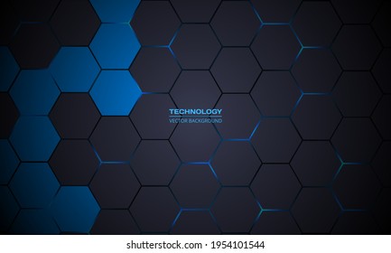 Dark gray hexagonal technology abstract vector background. Blue bright energy flashes under hexagon in futuristic modern technology background vector illustration. Dark gray honeycomb texture grid.