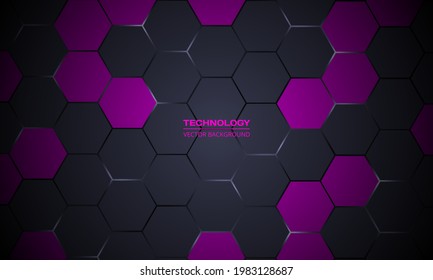 Dark gray hexagonal technology abstract vector background. White bright energy flashes under hexagon in tech futuristic background vector illustration. Dark gray and purple honeycomb texture grid.