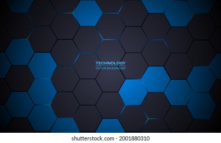 Dark gray hexagonal technology abstract vector background. Blue bright energy flashes under hexagon in futuristic modern technology background vector illustration. Dark gray honeycomb texture grid.