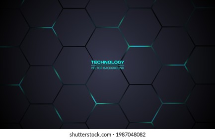 Dark gray hexagonal technology vector abstract background. Turquoise bright energy flashes under hexagon in modern technology futuristic background vector illustration. Dark gray honeycomb texture.