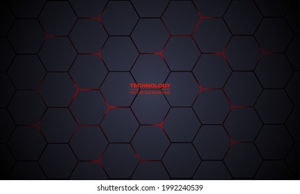 Dark gray hexagonal technology vector abstract background. Red bright energy flashes under hexagon in modern technology futuristic background vector illustration. Dark gray honeycomb texture grid.