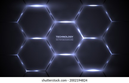 Dark gray hexagonal technology vector abstract background. Bright white energy flashes under hexagon in technology futuristic modern background vector illustration. Dark honeycomb texture grid