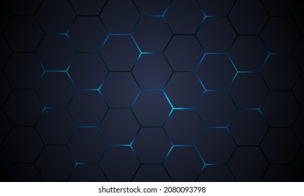 Fondo abstracto del vector de tecnología hexagonal gris oscuro. La energía azul brillante estalla bajo el hexágono en la tecnología moderna ilustración vectorial de fondo futurista. Cuadrícula de textura gris oscuro del peine de miel.