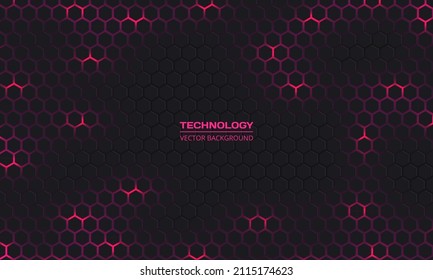 Dark gray hexagonal technology vector abstract background. Pink bright energy flashes under hexagon in modern futuristic technology background vector illustration. Dark gray honeycomb texture grid.