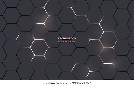 Dark gray hexagonal technology vector abstract background. Bright energy flashes under hexagon in modern technology futuristic background vector illustration. Dark gray honeycomb texture grid.