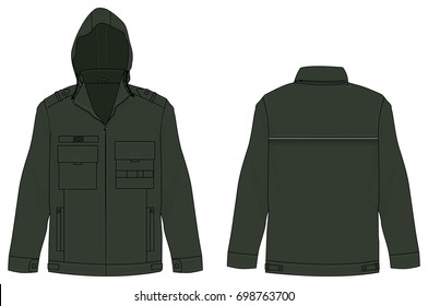 Dark Gray Hoodie Jacket with Multi Pockets Template on White Background. Front and Back Views, Vector File.