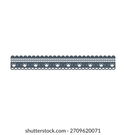 Dark gray lace trim showcasing a repeating pattern of stylized floral shapes, dots, and scalloped edges, creating a decorative border for various design projects