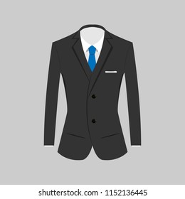 Dark gray man suit with blue tie and white shirt on grey background. Business suit
