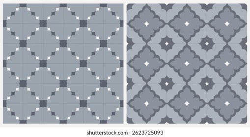 Dark gray ornamental tile patterns with Moroccan geometric motifs and symmetric design