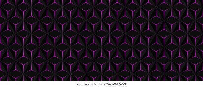 Dark gray and purple horizontal hexagon technology abstract vector background. red bright energy flashes under hexagon in futuristic modern technology wide banner. Dark gray honeycomb texture grid.