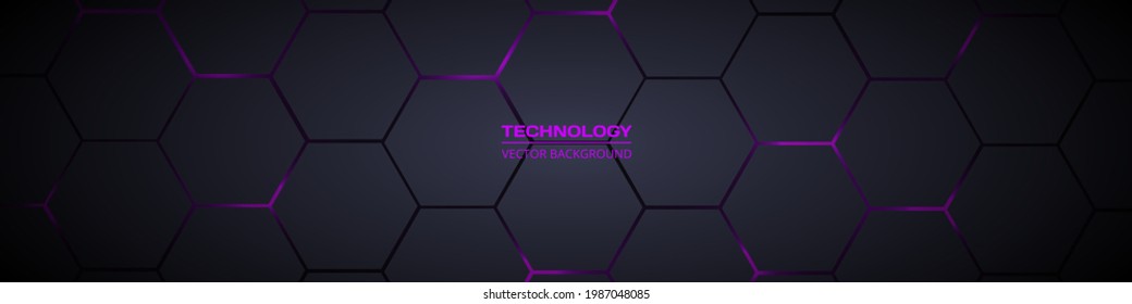 Dark gray and purple horizontal hexagonal technology abstract vector background. Purple bright energy flashes under hexagon in futuristic modern technology wide banner. Dark gray honeycomb texture.