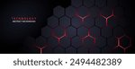 Dark gray and red horizontal hexagonal technology abstract vector background. red bright energy flashes under hexagon in futuristic modern technology wide banner. Dark gray honeycomb texture grid.