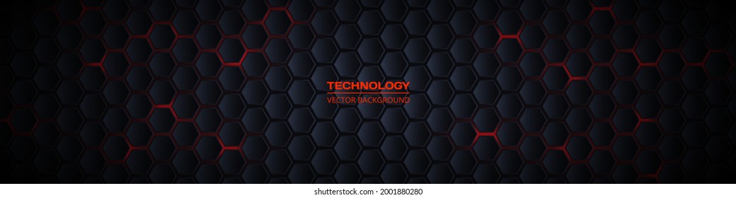 Dark gray and red horizontal hexagonal 3d technology abstract vector background. Red bright energy flashes under hexagon in futuristic modern technology wide banner. Dark gray honeycomb texture grid