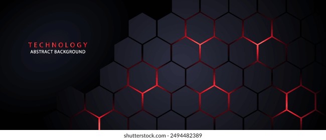 Dark gray and red horizontal hexagonal technology abstract vector background. red bright energy flashes under hexagon in futuristic modern technology wide banner. Dark gray honeycomb texture grid.