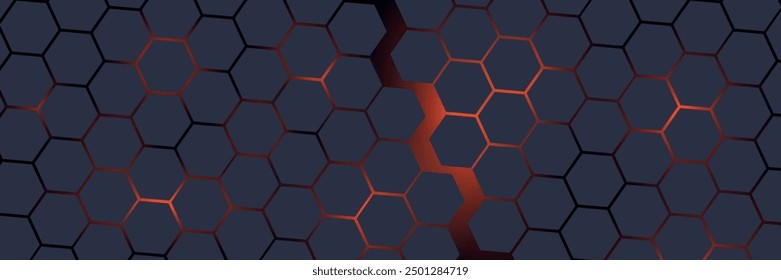 Dark gray and red horizontal hexagonal technology abstract vector background. Red bright energy flashes under the hexagon in a wide banner of futuristic modern technology. vector