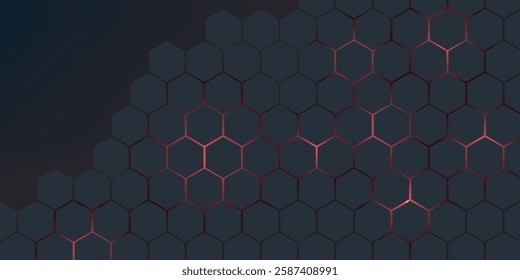 Dark gray and red horizontal hexagonal technology abstract vector background. red bright energy flashes under hexagon in futuristic modern technology wide banner. Dark gray honeycomb texture grid.