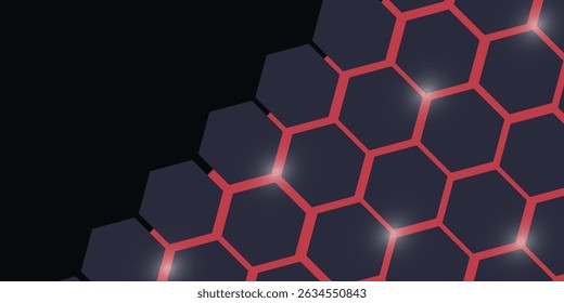 Dark gray and red horizontal hexagonal technology abstract vector background. red bright energy flashes under hexagon in futuristic modern technology wide banner. Dark gray honeycomb texture grid.