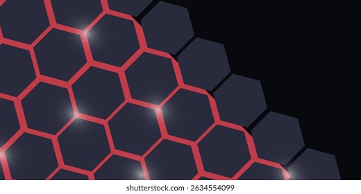 Dark gray and red horizontal hexagonal technology abstract vector background. red bright energy flashes under hexagon in futuristic modern technology wide banner. Dark gray honeycomb texture grid.