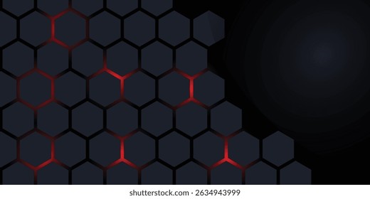Dark gray and red horizontal hexagonal technology abstract vector background. red bright energy flashes under hexagon in futuristic modern technology wide banner. Dark gray honeycomb texture grid.