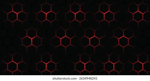 Dark gray and red horizontal hexagonal technology abstract vector background. red bright energy flashes under hexagon in futuristic modern technology wide banner. Dark gray honeycomb texture grid.