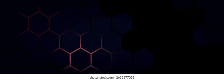 Dark gray and red horizontal hexagonal technology abstract vector background. red bright energy flashes under hexagon in futuristic modern technology wide banner. Dark gray honeycomb texture grid.