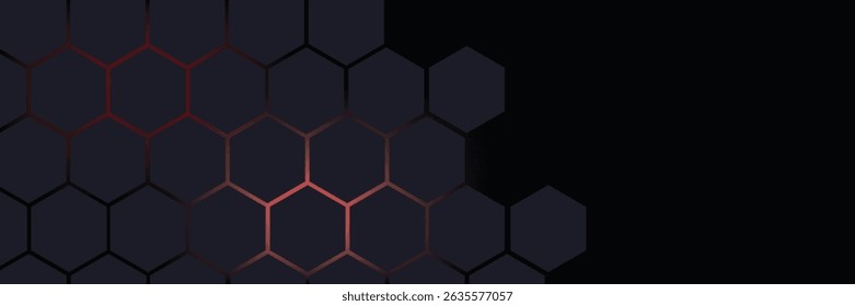 Dark gray and red horizontal hexagonal technology abstract vector background. red bright energy flashes under hexagon in futuristic modern technology wide banner. Dark gray honeycomb texture grid.