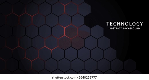 Dark gray and red horizontal hexagonal technology abstract vector background. red bright energy flashes under hexagon in futuristic modern technology wide banner. Dark gray honeycomb texture grid.