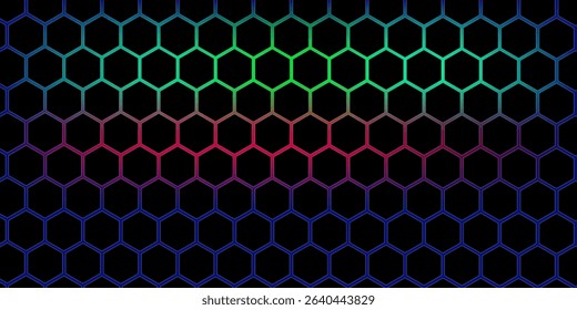 Dark gray and red horizontal hexagonal technology abstract vector background. red bright energy flashes under hexagon in futuristic modern technology wide banner. Dark gray honeycomb texture grid.