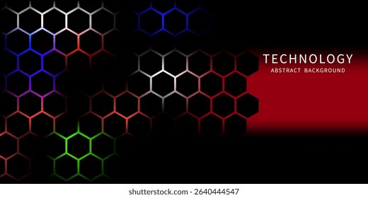 Dark gray and red horizontal hexagonal technology abstract vector background. red bright energy flashes under hexagon in futuristic modern technology wide banner. Dark gray honeycomb texture grid.