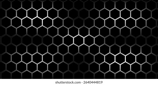 Dark gray and red horizontal hexagonal technology abstract vector background. red bright energy flashes under hexagon in futuristic modern technology wide banner. Dark gray honeycomb texture grid.