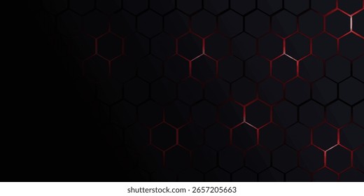 Dark gray and red horizontal hexagonal technology abstract vector background. red bright energy flashes under hexagon in futuristic modern technology wide banner.