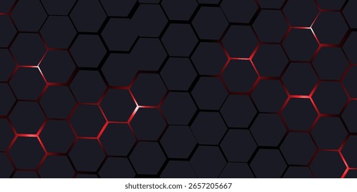 Fundo de vetor abstrato de tecnologia hexagonal horizontal cinza escuro e vermelho. ilustração