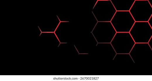 Dark gray and red horizontal hexagonal technology abstract vector background. red bright energy flashes under hexagon in futuristic modern technology wide banner. Dark gray honeycomb texture grid.
