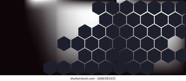 Dark gray and red horizontal hexagonal technology abstract vector background. Red bright energy flashes under the hexagon in a wide banner of futuristic modern technology. vector