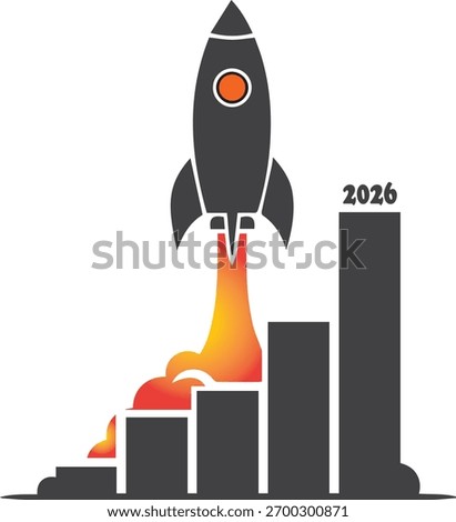 A dark gray rocket with an orange circle window blasts off with vibrant orange and yellow fire and smoke, ascending a dark gray bar chart representing growth.