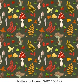 dark gray seamless hand-drawn pattern with strange mushrooms