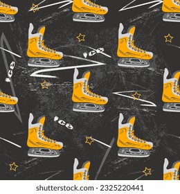 Dark gray seamless ice hockey pattern with yellow skates. White skate marks on the ice. svg