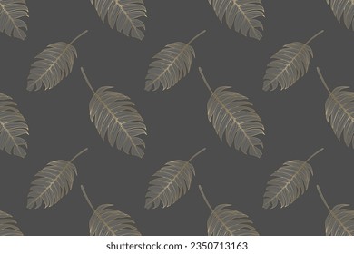 Patrón gris oscuro sin soldadura con hojas doradas. Patrón botánico para textiles, papel de envoltura, cubiertas, fondos, postales.