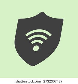 Dark gray shield icon with Wi-Fi symbol on light green background, representing network security and protection.