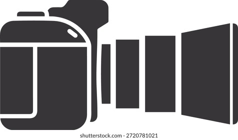Dark gray silhouette of a digital camera with a lens against a white background symbol equipment